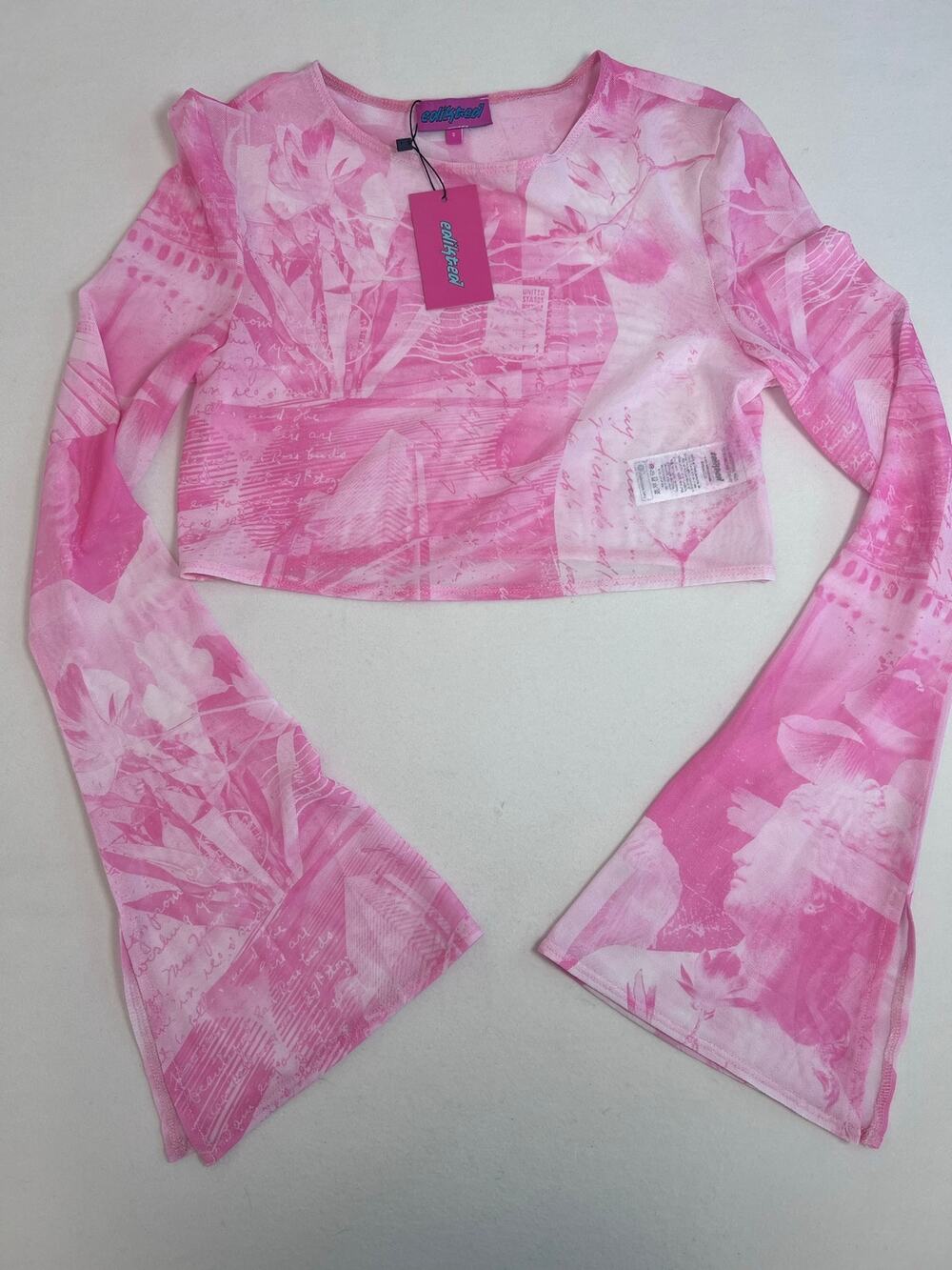 Edikted Pink Sheer Mesh Bell Sleeve Crop Top S Y2K Fairy Grunge